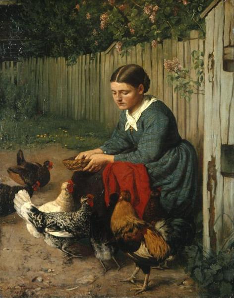 Girl Feeding The Chickens by Hans Thoma Oil Painting Reproductions