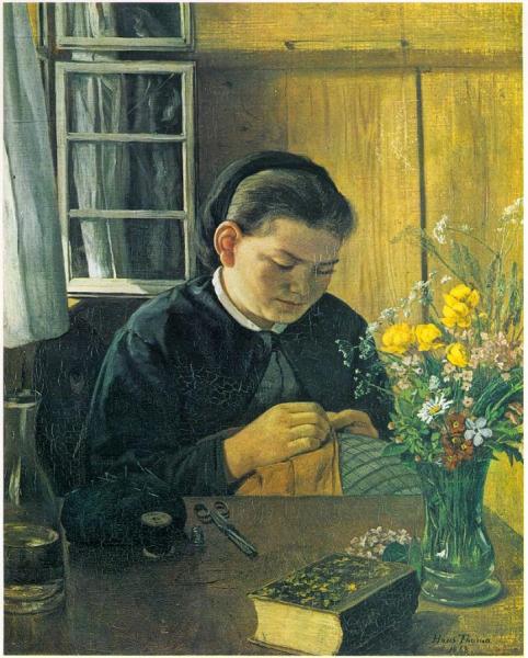 Girl Sewing by Hans Thoma