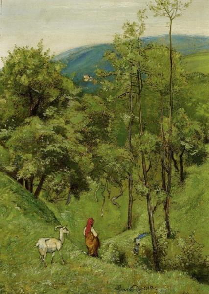 Hans Thoma Shepherd Girl With A Goat In The Meadow Of Rolling Hills