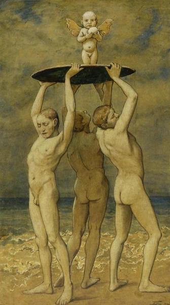 Spring Awakening. Three Young Men At The Beach by Hans Thoma