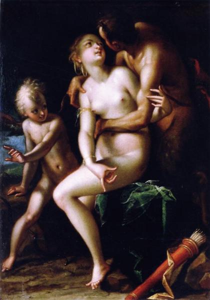Venus And Cupid With A Satyr by Hans Von Aachen