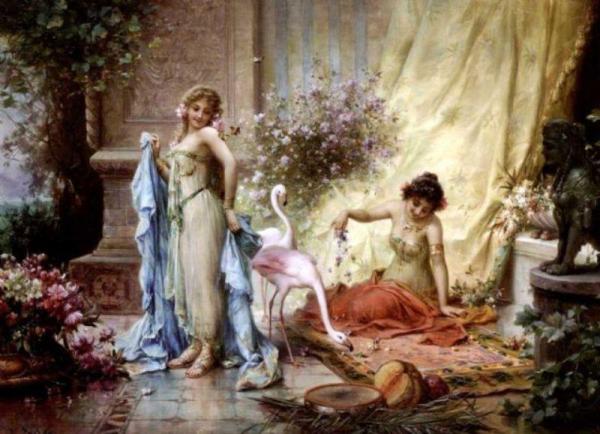 Beauties With Flamingo And Roses by Hans Zatzka