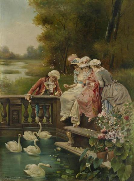 Feeding The Swans by Hans Zatzka