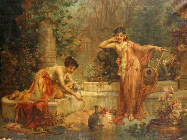 Oriental Beauties Playing With The Pet Bird by Hans Zatzka