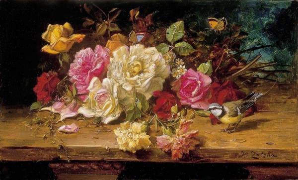 Still Life With Flowers, Bird And Butterfly by Hans Zatzka
