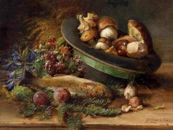 Still Life With Mushrooms And Fish by Hans Zatzka
