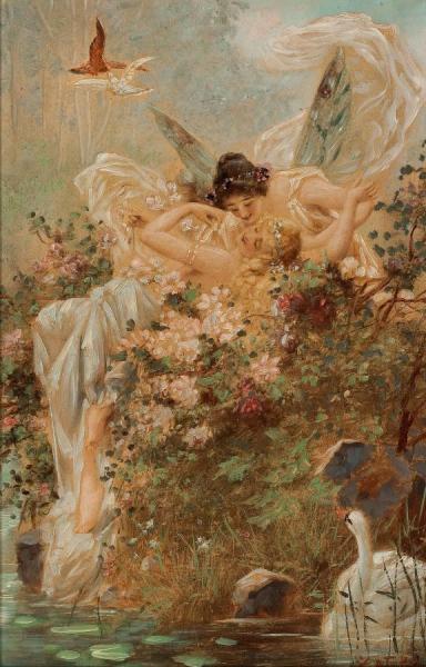 Two Fairies With A Swan by Hans Zatzka
