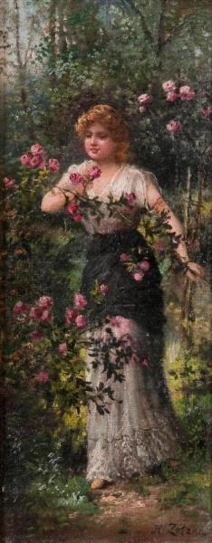 Woman In Rose Garden by Hans Zatzka