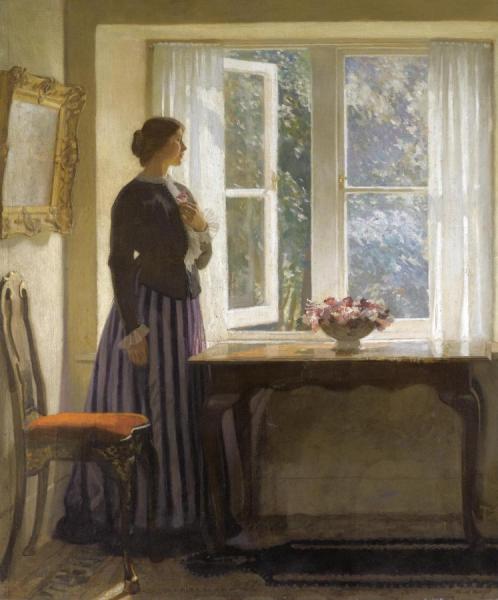 The Girl And The Picture, A Flower by Harold Knight