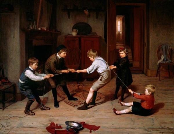 Harry Brooker A Group Of Children Playing At 'tug Of War' In A Domestic Interior