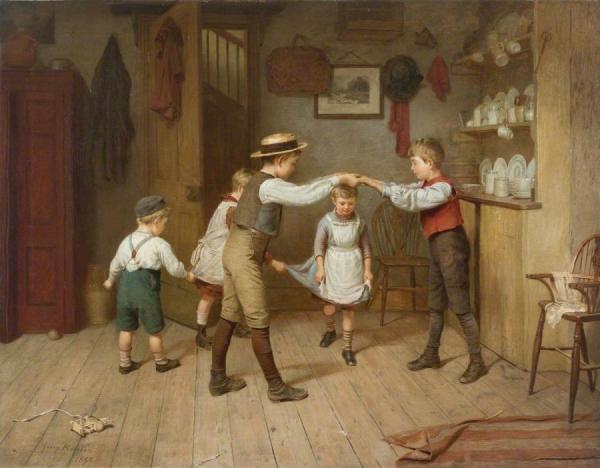 A Group Of Children Playing The Game 'oranges And Lemons' In A Domestic Interior by Harry Brooker