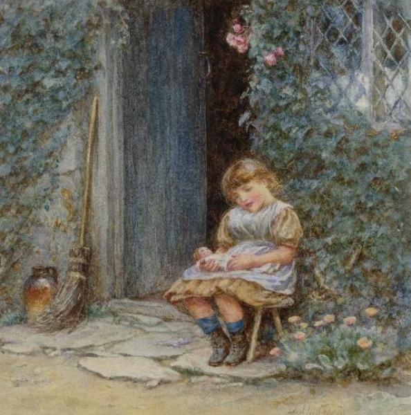 A Little Girl With Puppet by Helen Allingham