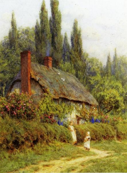 Helen Allingham Children On A Path Outside A Thatched Cotate, West Horsley, Surrey