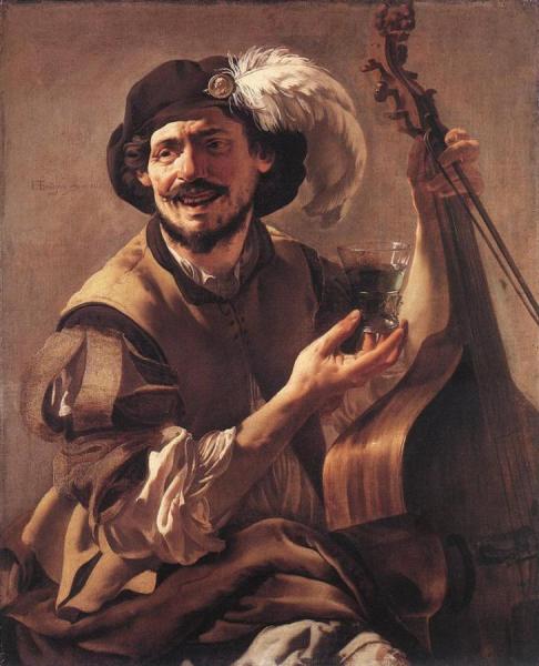 A Laughing Bravo With A Bass Viol And A Glass by Hendrick Terbrugghen