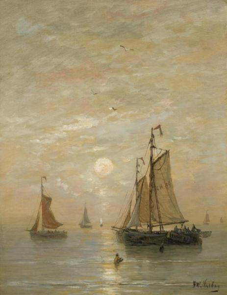 Hendrik Willem Mesdag Anchored Bomschuiten At Sunset