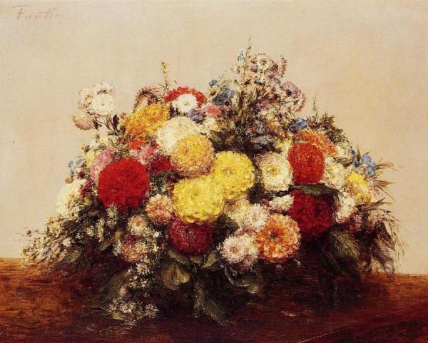 Large Vase Of Dahlias And Assorted Flowers by Henri Fantin-latour