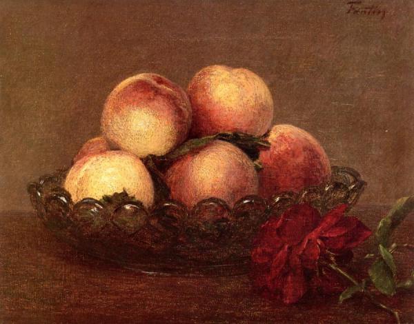 Nature Morte: Peches Dans Une Coupe De Verre, Une Rose Fonces Avec Des Feuilles A Droite by Henri Fantin-latour