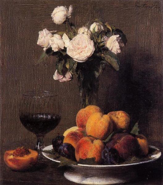 Still Life With Roses, Fruit And A Glass Of Wine by Henri Fantin-latour