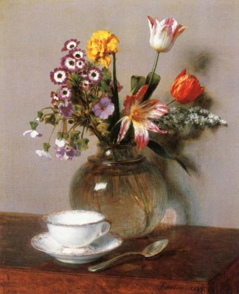 Vase Of Flowers With A Coffee Cup by Henri Fantin-latour