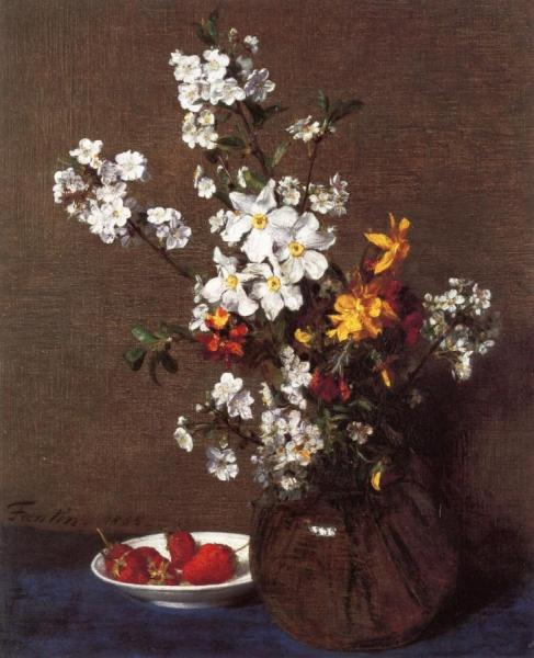 Vase Of Flowers With A Plate Of Strawberries by Henri Fantin-latour