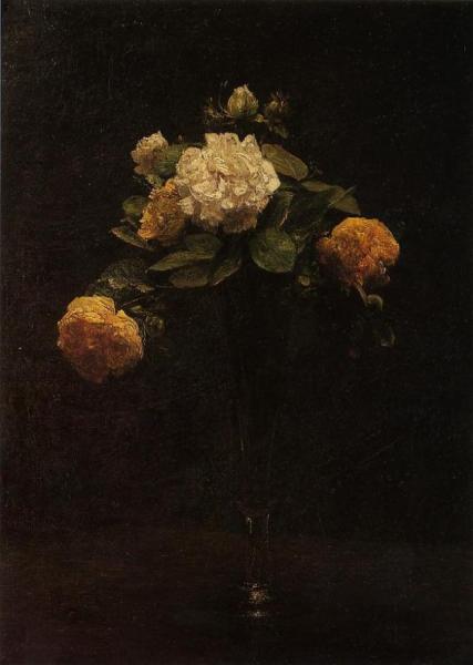 White And Yellow Roses In A Tall Vase by Henri Fantin-latour
