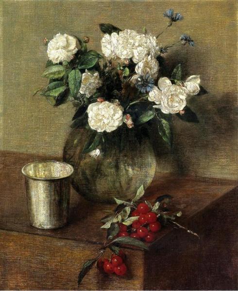 White Roses And Cherries by Henri Fantin-latour