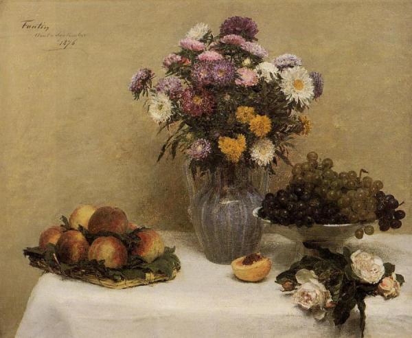 White Roses, Chrysanthemums In A Vase, Peaches And Grapes On A Table With A White Tablecloth by Henri Fantin-latour