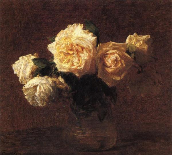 Yellow Pink Roses In A Glass Vase by Henri Fantin-latour