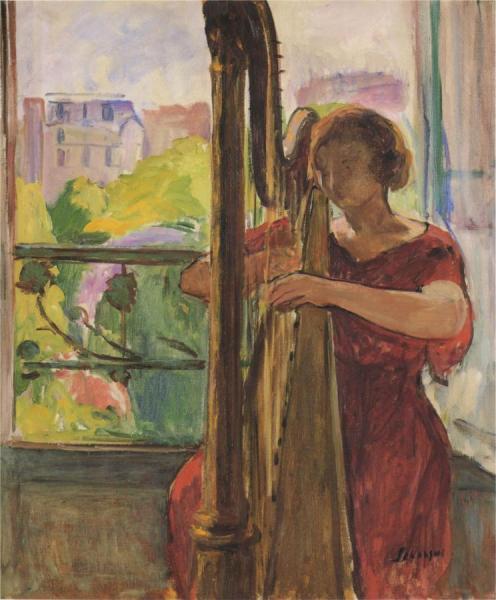 A Girl Playing A Harp by Henri Lebasque