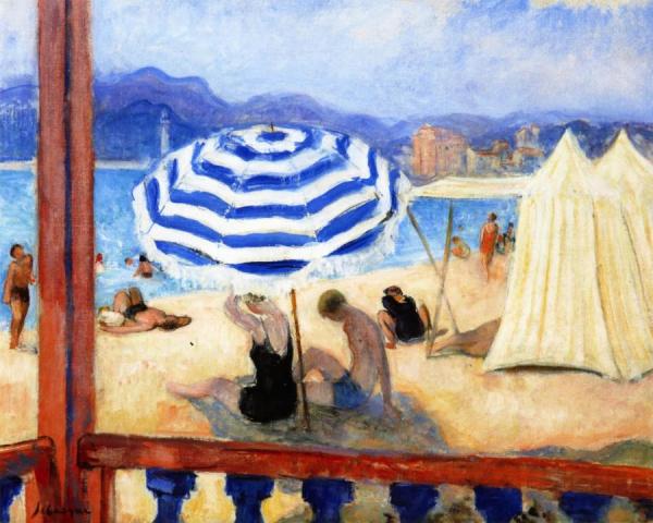 Cannes, Blue Parasol And Tents by Henri Lebasque