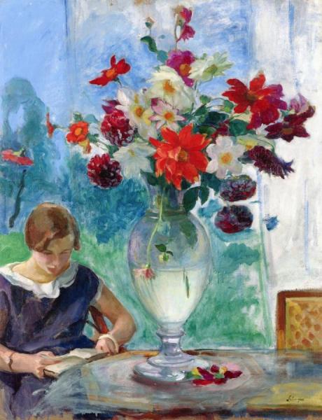 Girl Reading And Vase Of Flowers by Henri Lebasque