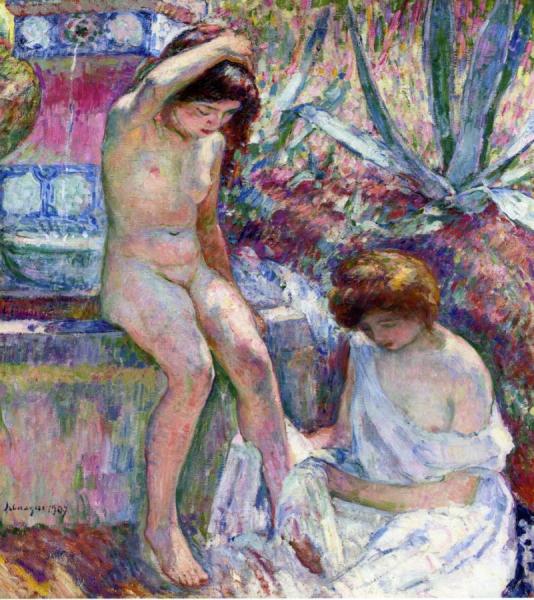 Marthe And Madame Lebasque At The Fountain by Henri Lebasque