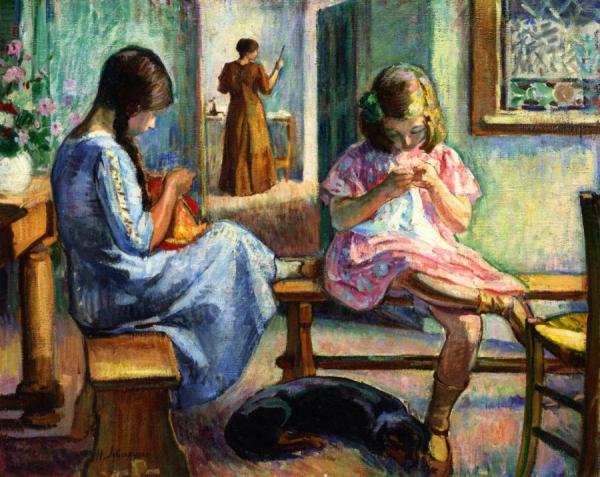 Marthe And Nono Sewing by Henri Lebasque