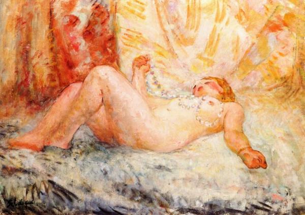 Reclining Nude With Pearl Necklace by Henri Lebasque