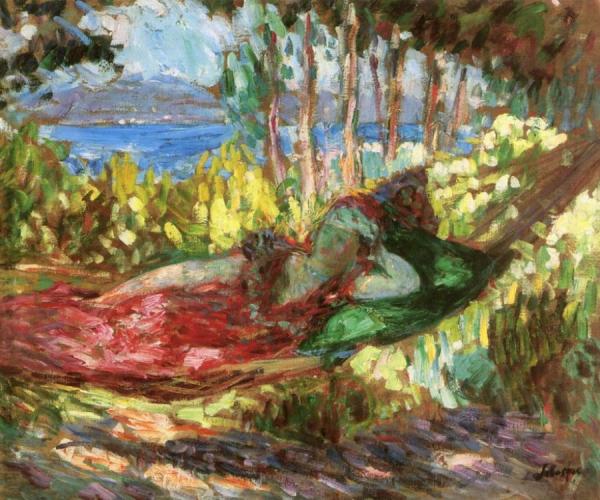 Saint-tropez, Young Woman In A Hammock by Henri Lebasque