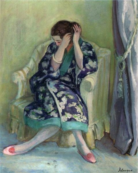 Woman Adjusting Her Hair Seated On An Armchair by Henri Lebasque