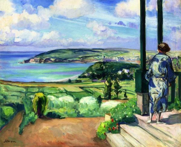 Woman In A Blue Peignoir Before The Villa At Morgat by Henri Lebasque