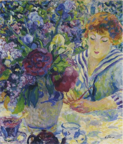 Woman With A Vase Of Flowers by Henri Lebasque