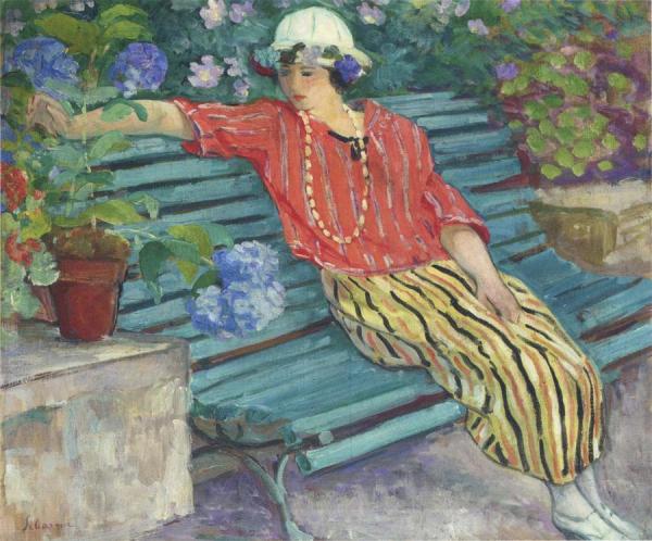 Young Woman Seated With Hydrangeas by Henri Lebasque