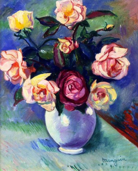 Bouquet Of Roses In A White Vase by Henri Manguin