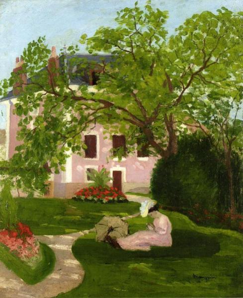 Jeanne With Umbrella, Seated In A Garden Of Coulombs by Henri Manguin