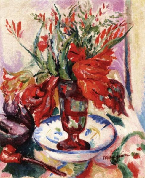 Tulips In A Red Glass by Henri Manguin Oil Painting Reproductions