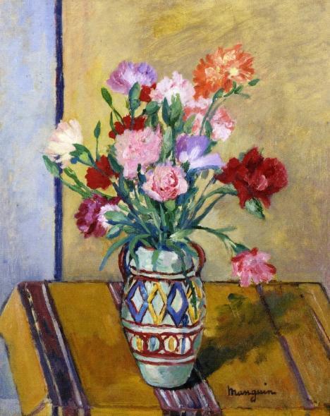 Vase Of Carnations With A Yellow Tablecloth by Henri Manguin