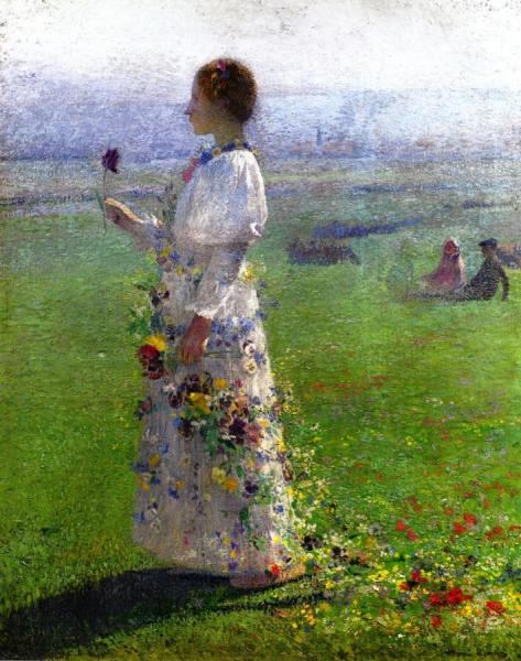 Beautiful Girl Walking Through The Field, A Flower In His Hand by Henri Martin