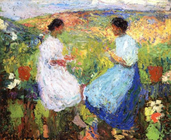 Deux Femmes Assises Face à Sur Une Balustrade De Pierre by Henri Martin