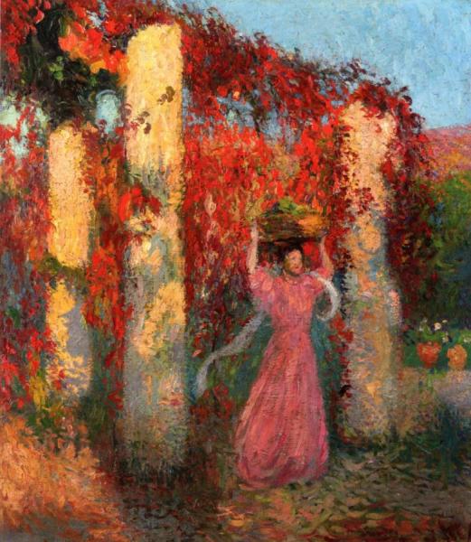 Jeune Femme Portant Une Corbeille Sur La Tête Devant Une Pergola De Vigne-verge Rouge by Henri Martin
