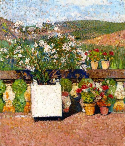 Planter With Oleanders And Pots Of Geraniums On The Terrace At Marquayrol In Summer by Henri Martin
