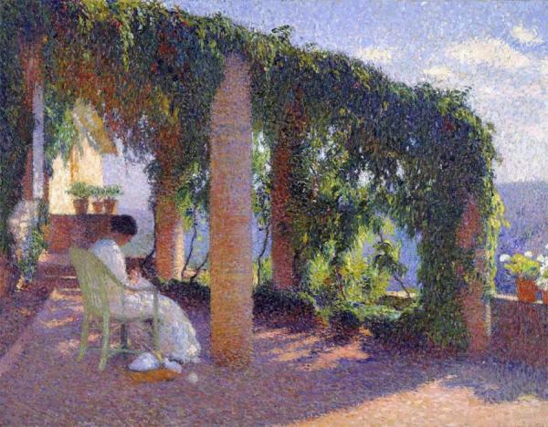 Woman Sewing On A Veranda by Henri Martin