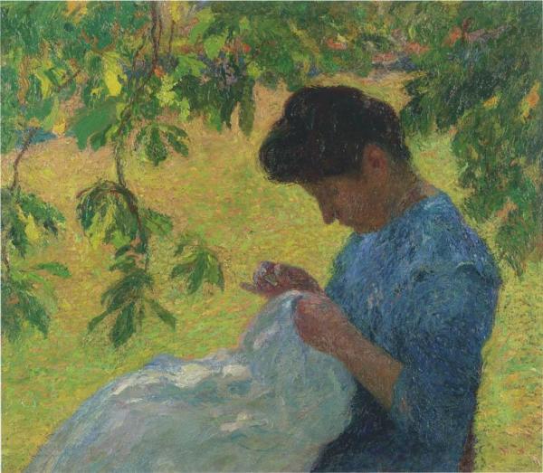 Young Woman Sewing In Garden by Henri Martin