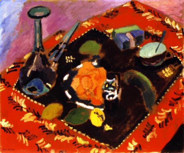 Dishes And Fruit On A Red And Black Carpet by Henri Matisse